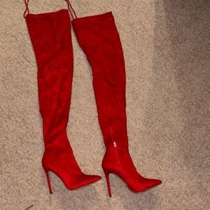 Thigh high red suede boot heels